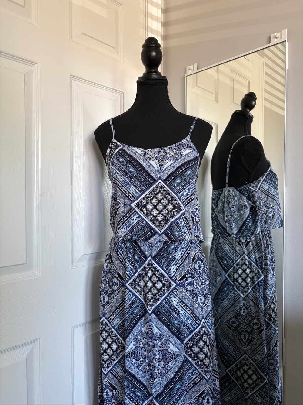 Blue Boho Patterned Spaghetti Strap Maxi Dress